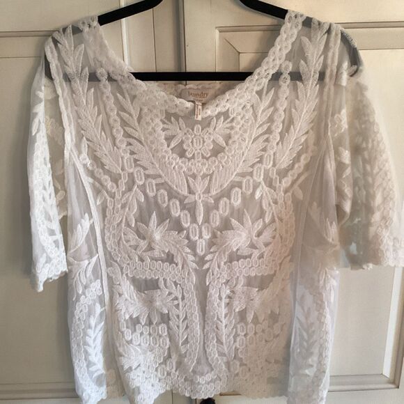 Laundry by Shelli Segal White Lace Embroidered Mesg Top Sz L - Picture 2 of 10